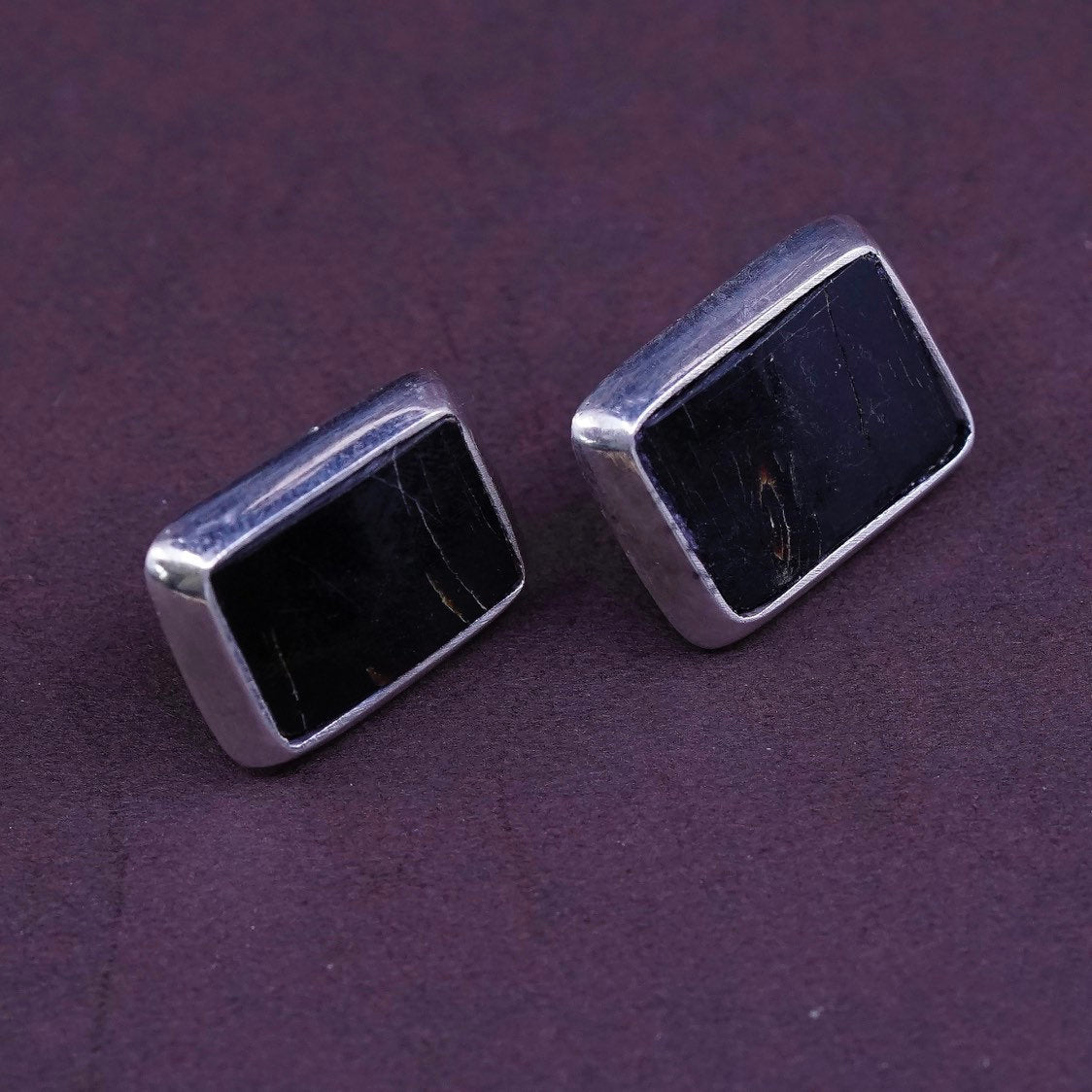 vtg Sterling silver handmade earrings, 925 w/ square unpolished obsidian studs