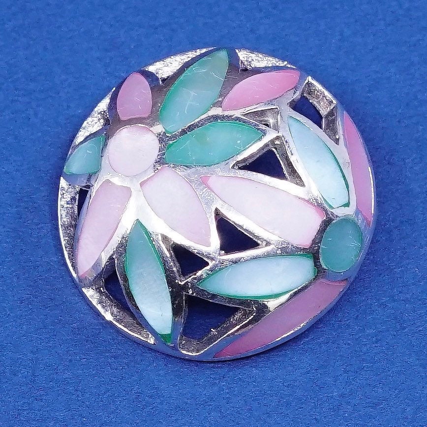 vtg Sterling 925 silver handmade pendant w/ pink and blue mother of pearl