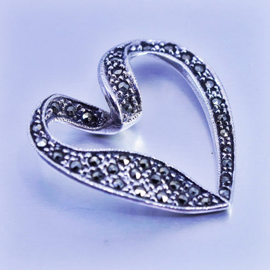 antique sterling 925 silver heart pendant with marcasite