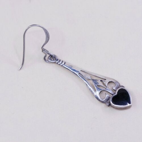 Vtg Sterling Silver Handmade Earrings, 925 Silver W/ Obsidian Heart N Filigree