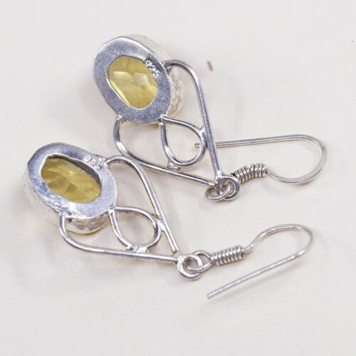 Vtg Sterling Silver Handmade Earrings, 925 Dangles W/ Oval Shaped Citrine