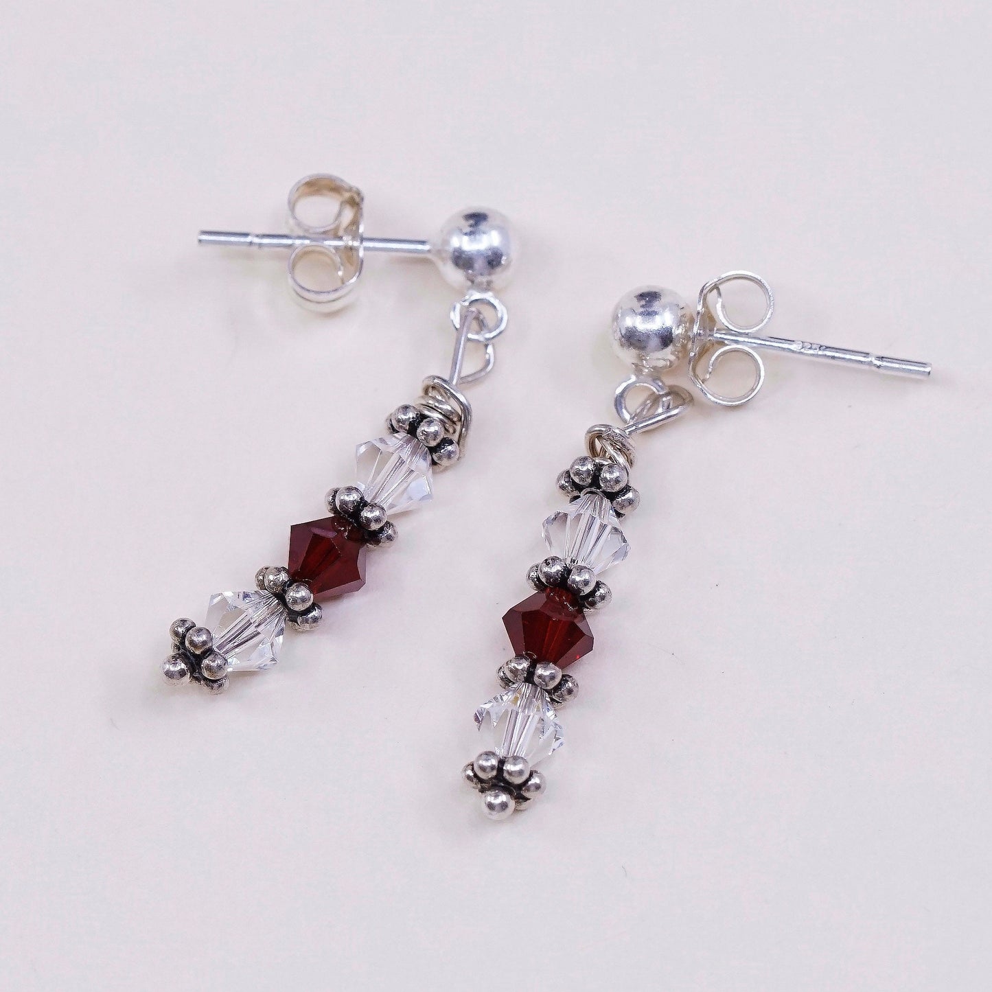 vtg Sterling silver handmade earrings, 925 w/ red Crystal beads, stamped 925