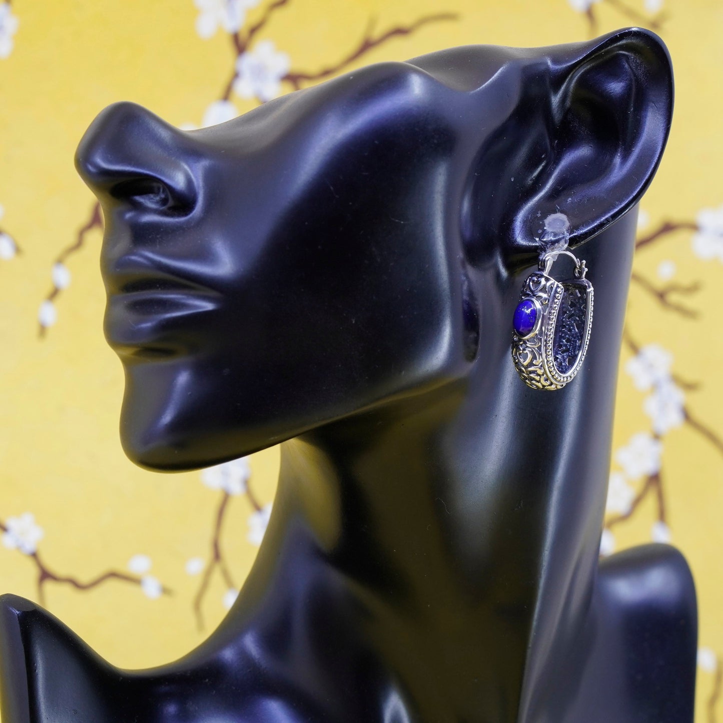 1”, Sterling silver handmade earrings, 925 huggie, filigree hoops lapis lazuli