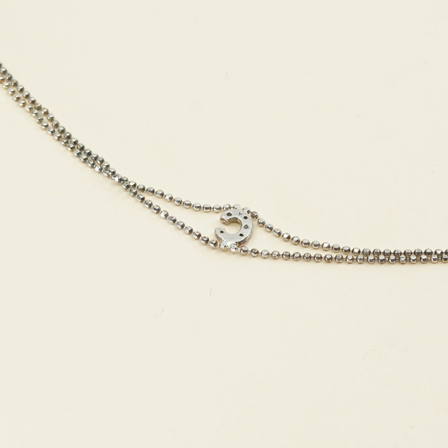 7", 1mm, vtg silver bracelet, 925 double strands beads w/ C N crystal