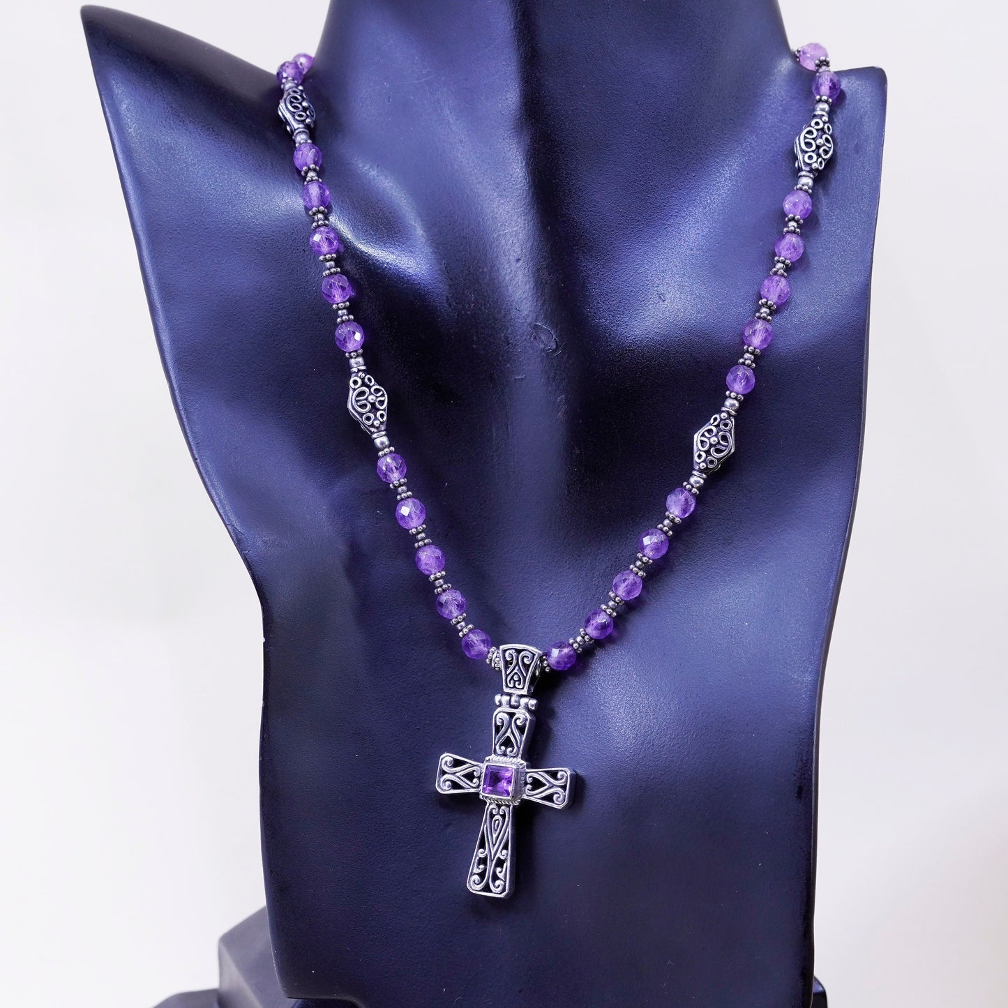 16+2”, Sterling 925 silver handmade necklace with cross pendant amethyst beads