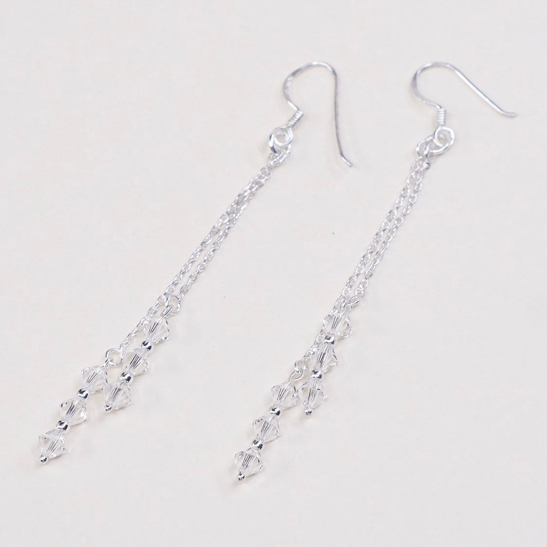 vtg sterling silver handmade earrings, 925 w/ crystal beads fringe