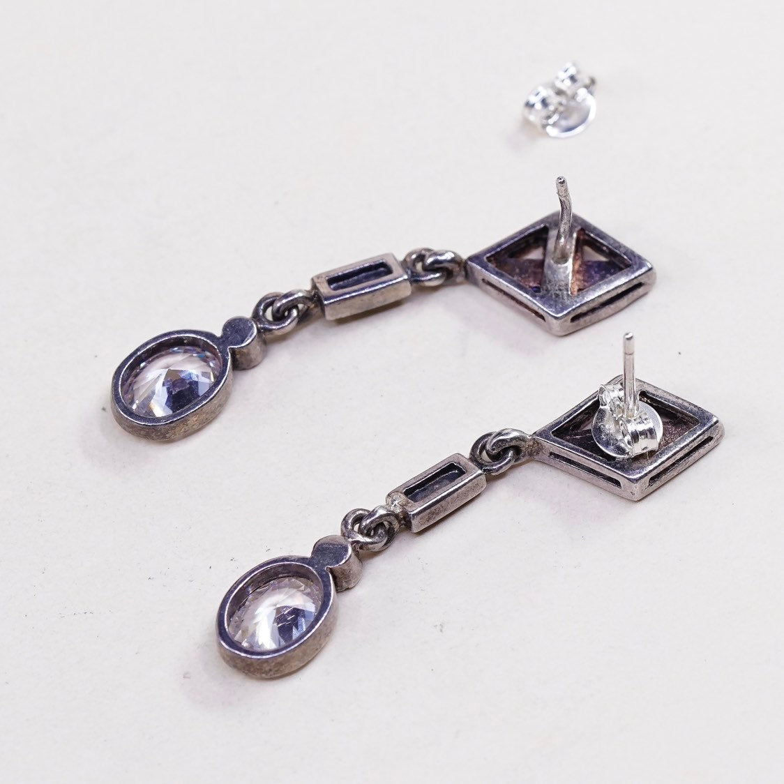sterling 925 silver handmade earrings, square cz, teardrop crystal n marcasite