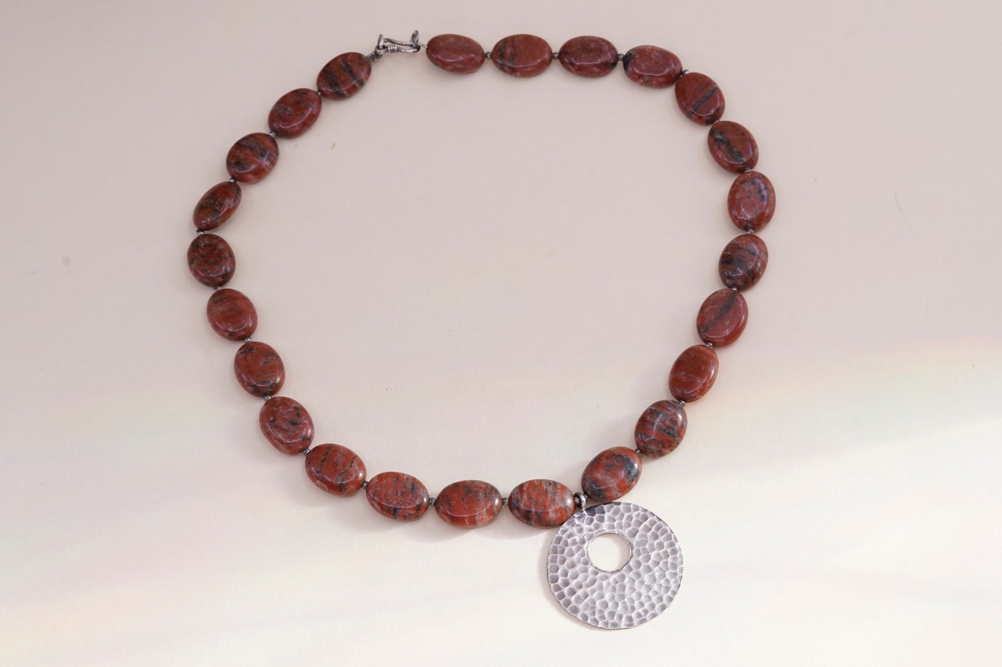 16”, sterling 925 silver necklace with bloodstone beads N hammered circle disc