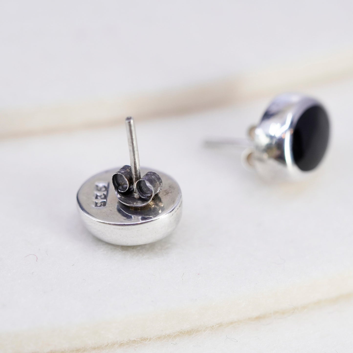 Vintage Sterling 925 silver handmade earrings, round studs with onyx