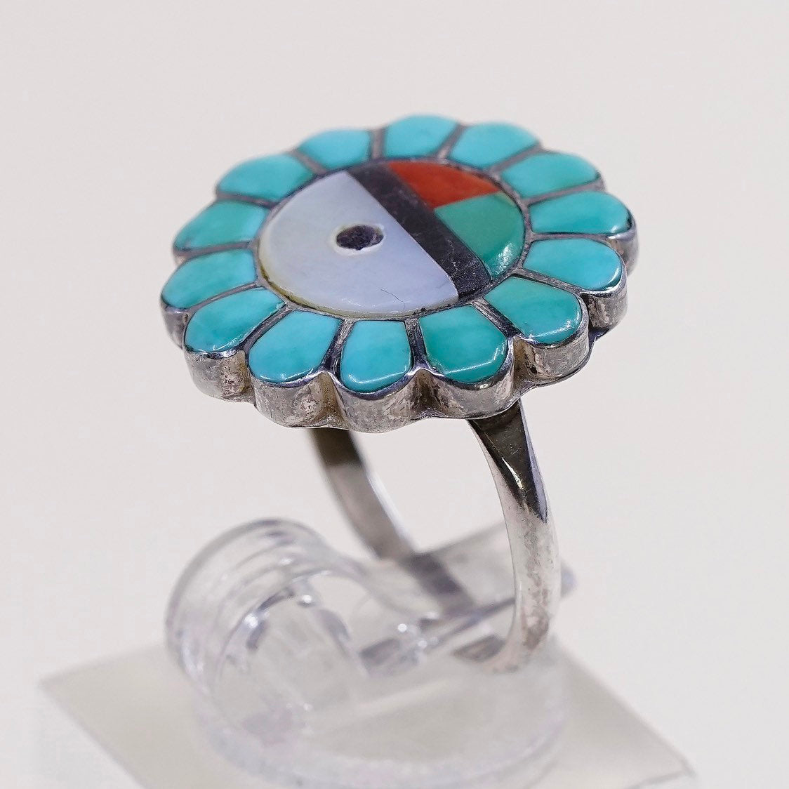 sz 7.25, sterling 925 silver Zuni Tewa sun handmade ring w/ coral n turquoise