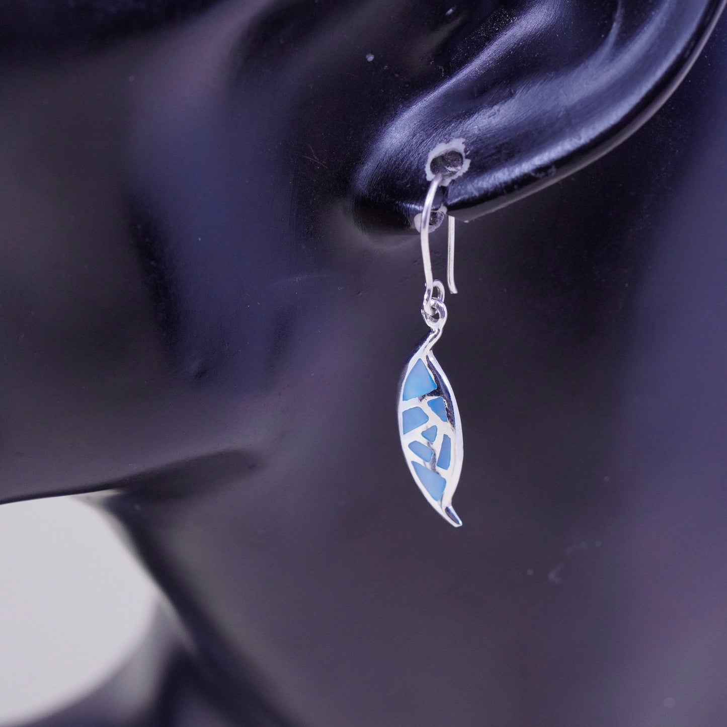 Vintage sterling 925 silver handmade earrings with blue mother of pearl drop, stamped 925