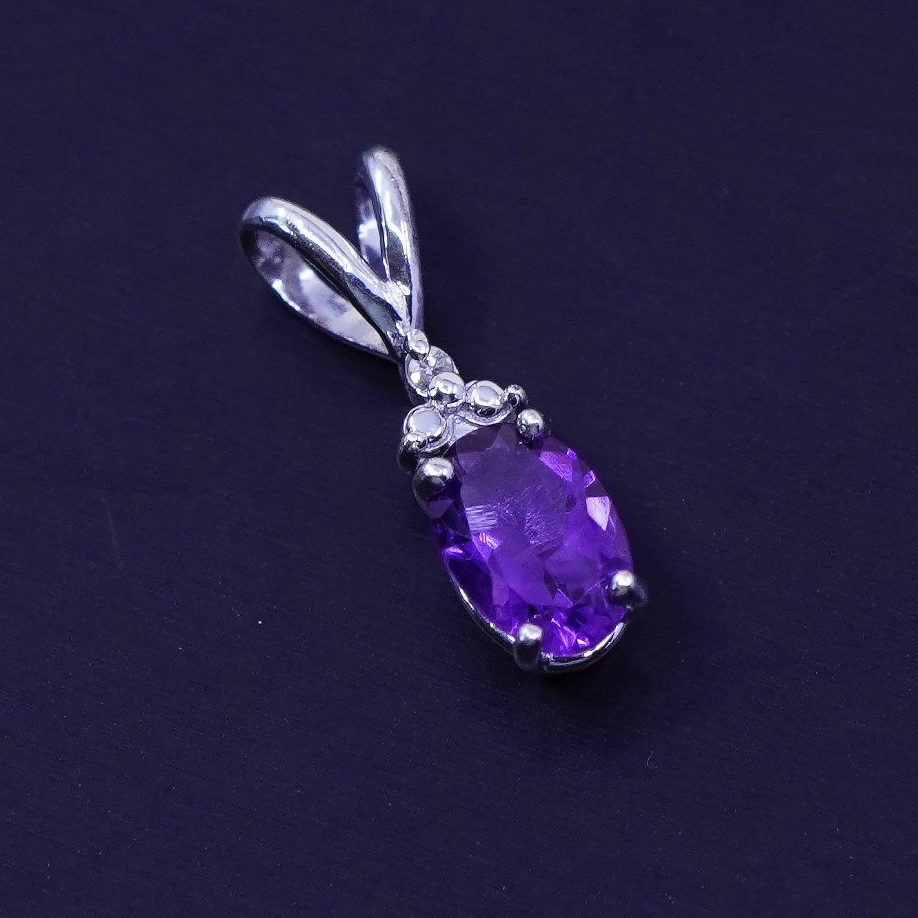 antique sterling 925 silver pendant with oval amethyst and diamond