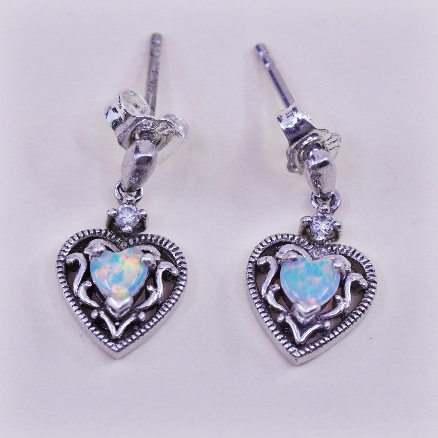 Vintage southwestern sterling 925 silver handmade heart earrings with opal