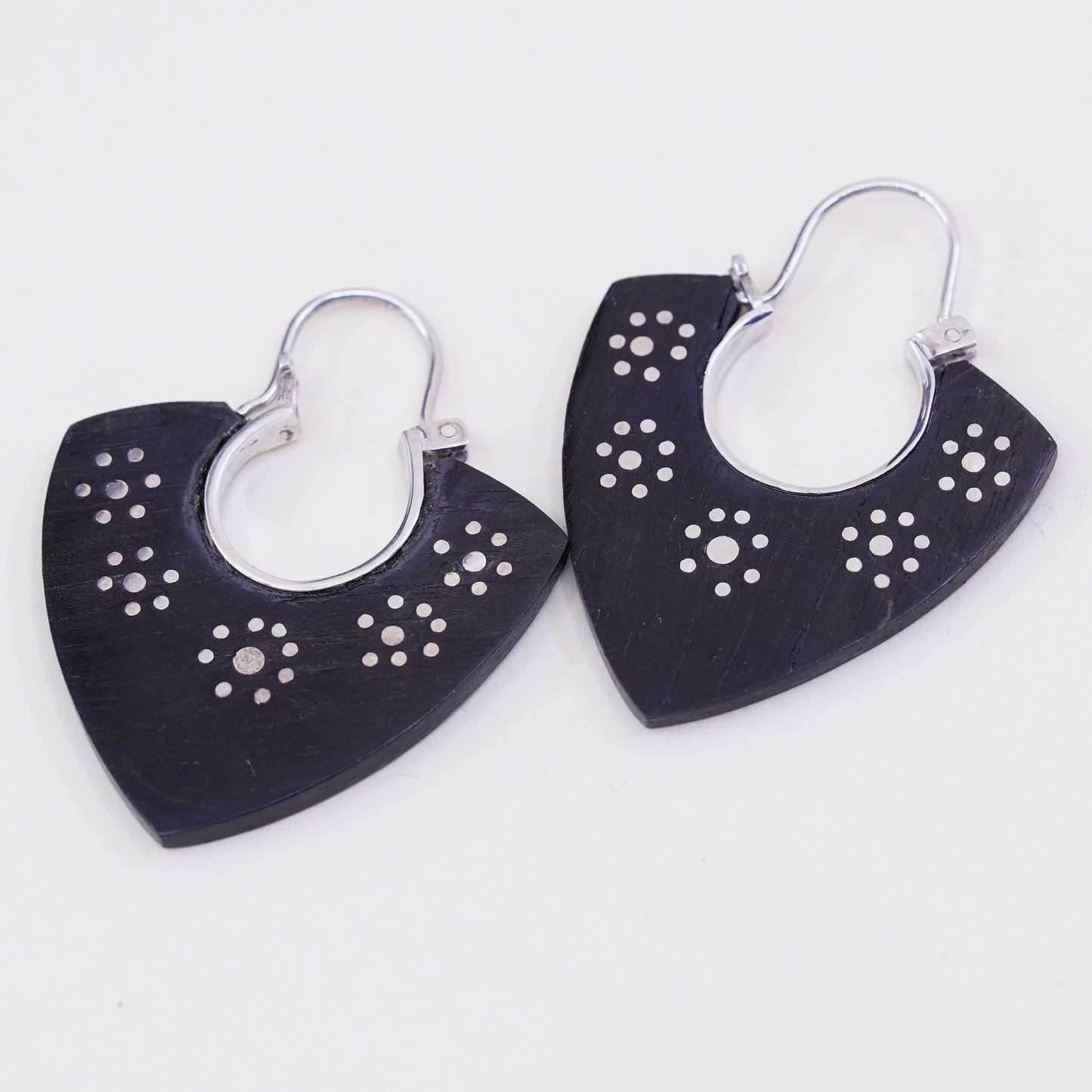 Vintage sterling 925 silver handmade earrings with black wood and flower dots