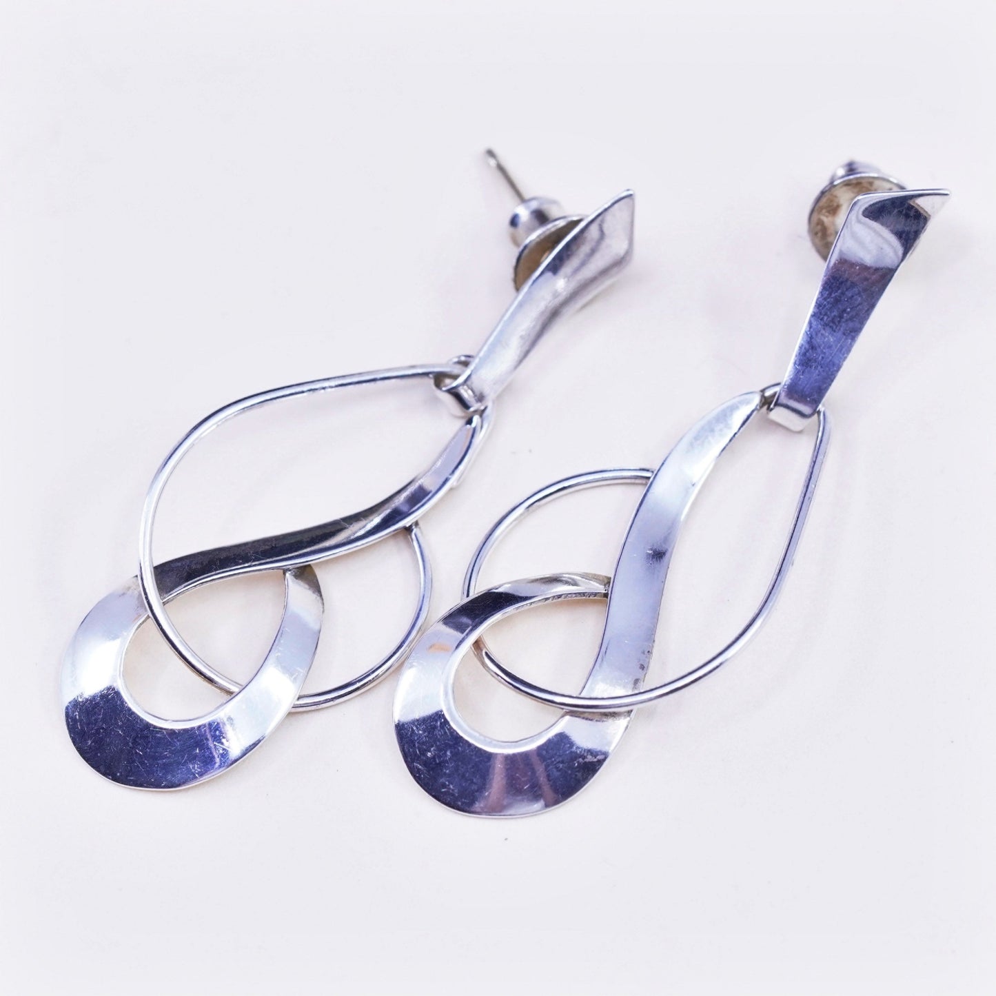 Vintage sterling 925 silver loop earrings, minimalist teardrop 14K gold posts