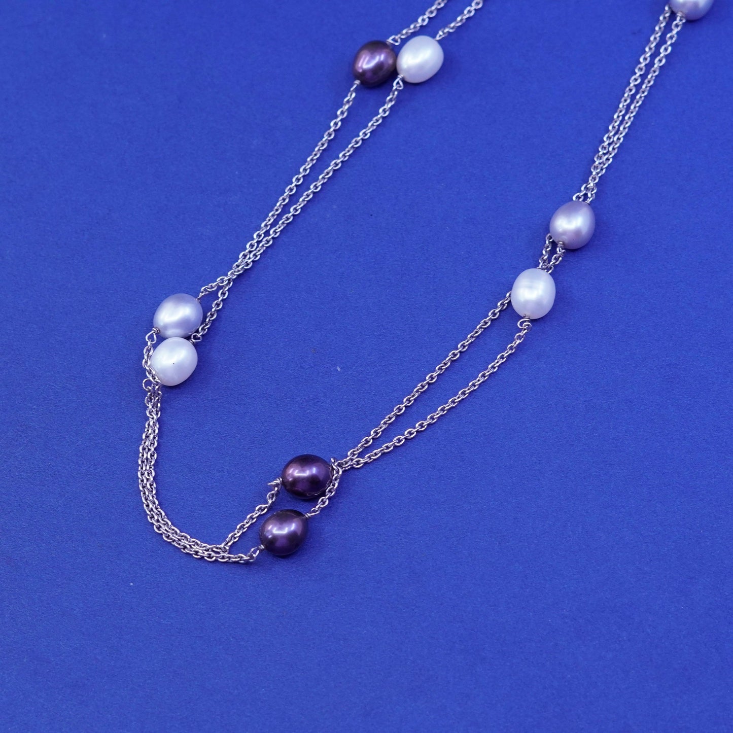 38”, vintage Sterling silver handmade necklace, extra long 925 chain pearl