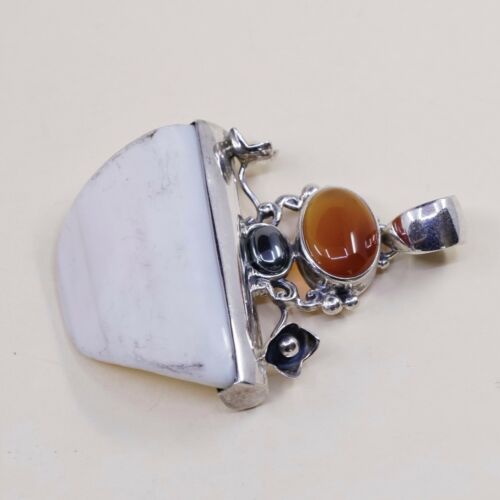 Vtg Sterling 925 Silver Handmade Pendant, mother Of Pearl (MOP) W/ Carnelian