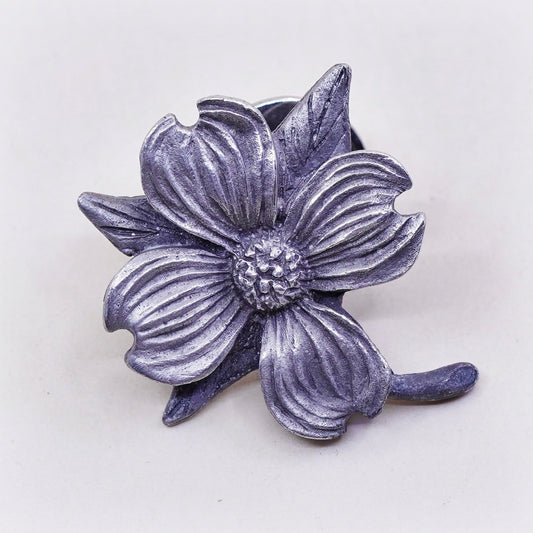 Vintage antique silver tone brooch, dog wood flower pin