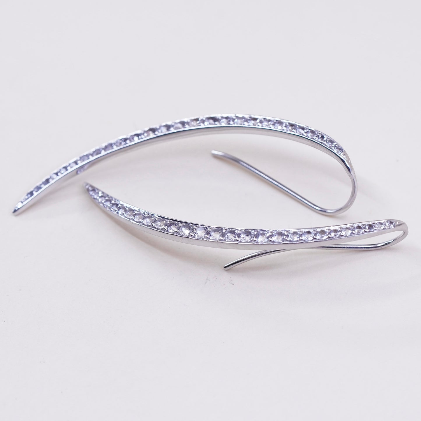 Vintage sterling silver extra long earrings, modern 925 silver curve with Cz