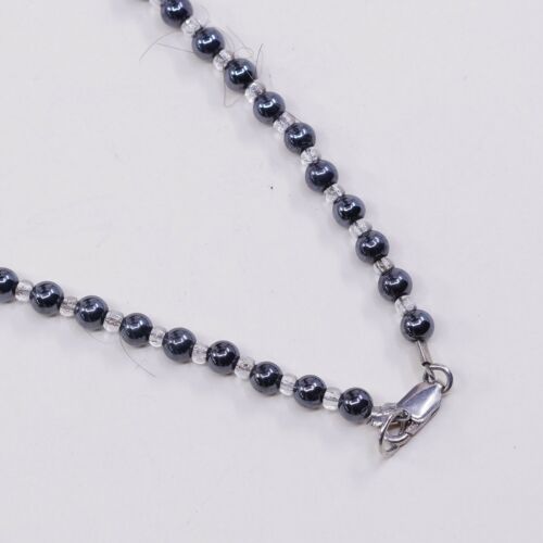 16”, Sterling 925 Silver Handmade Necklace, Hematite N Crystal Beads