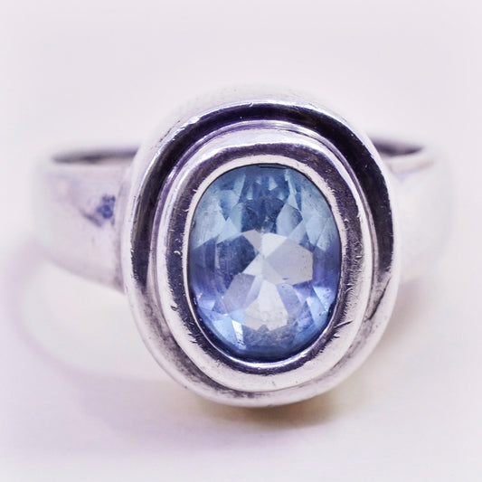 Size 7.5, vintage Sterling silver statement ring, 925 band with oval blue topaz