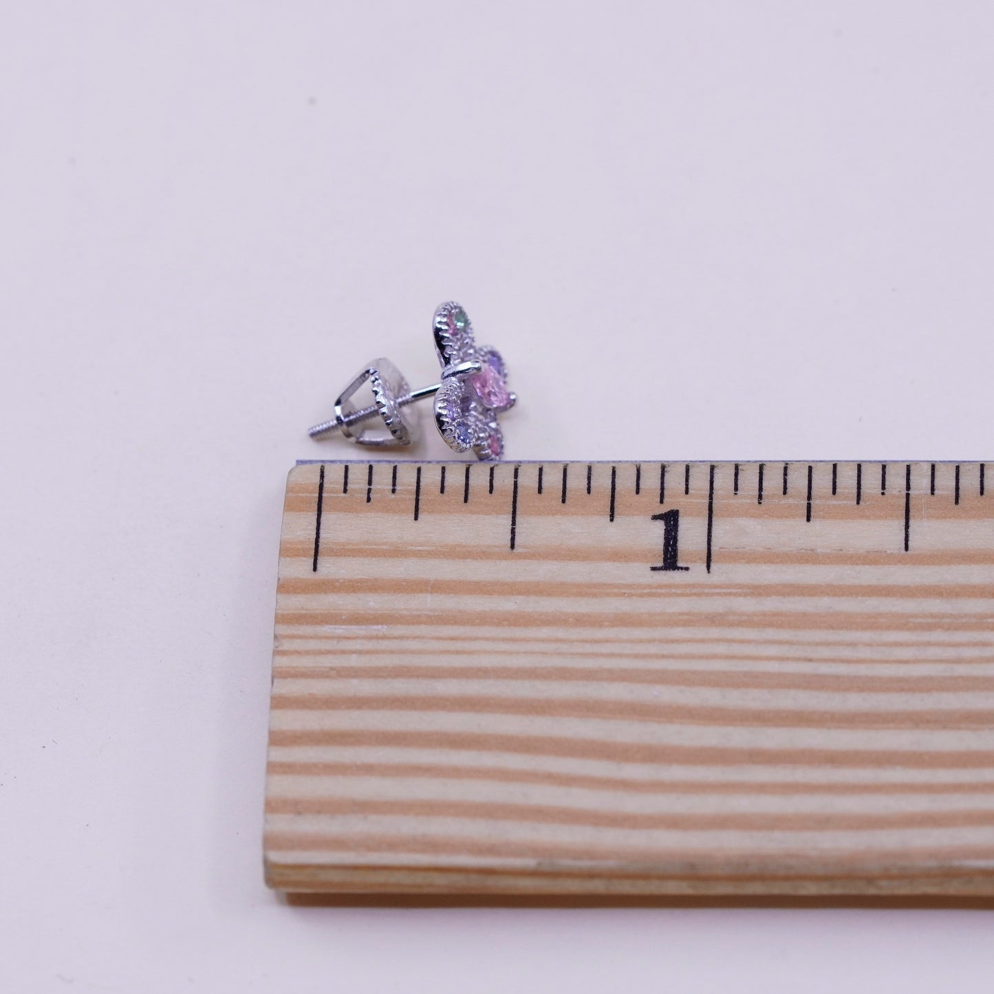 Vintage sterling silver earrings, 925 butterfly studs with pink quartz