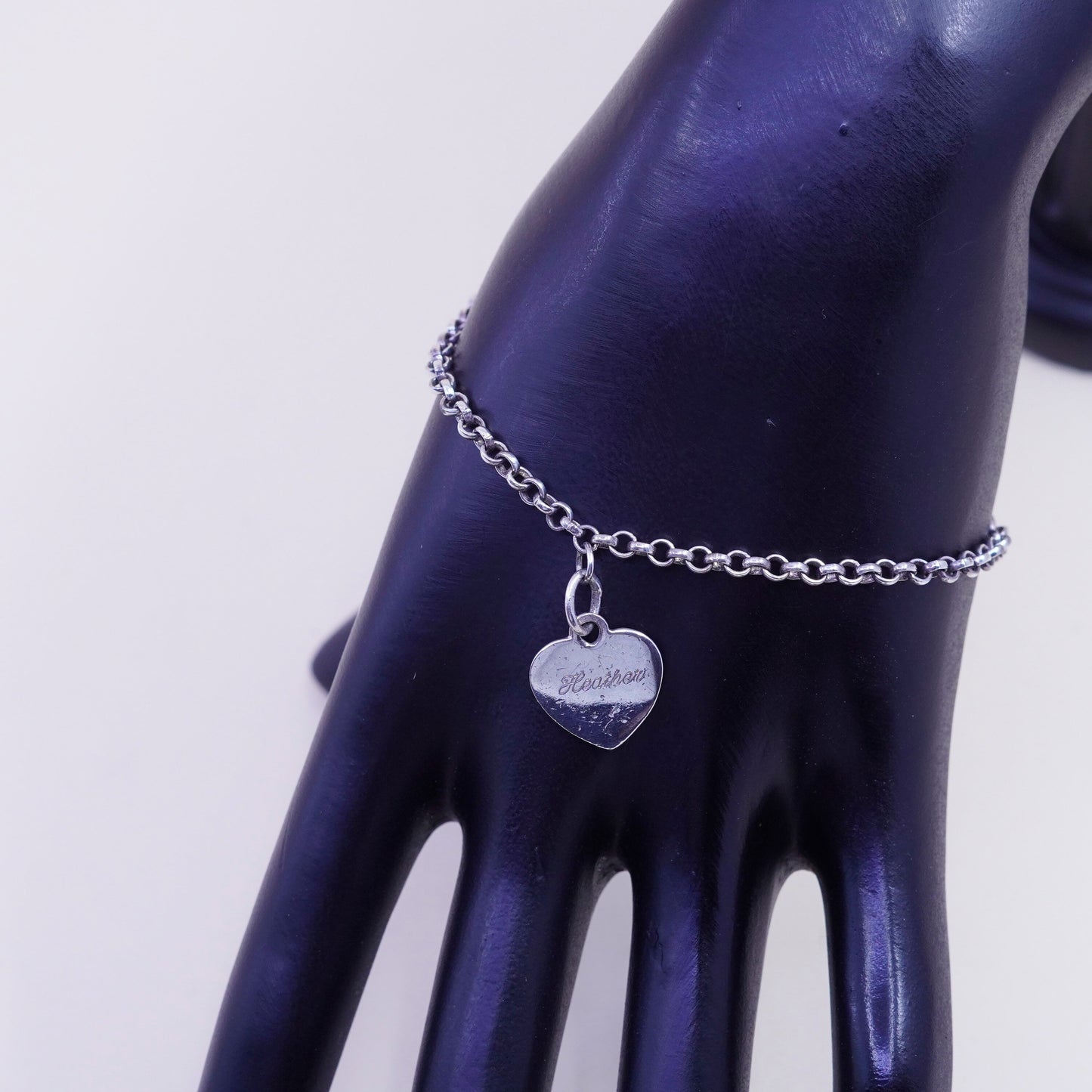 6.75”, sterling silver bracelet, 925 circle chain anklet heart charm “heather