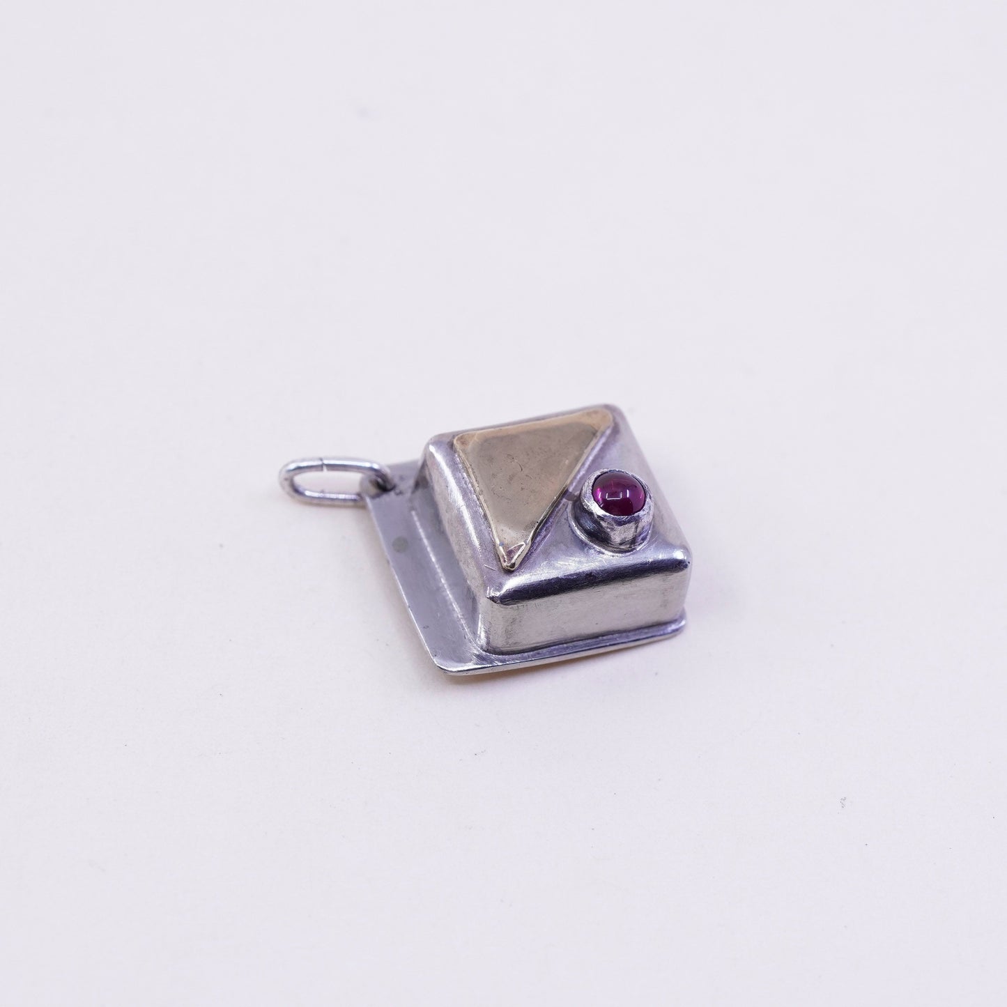 Vintage Sterling silver handmade pendant, Mexican 925 square with garnet brass