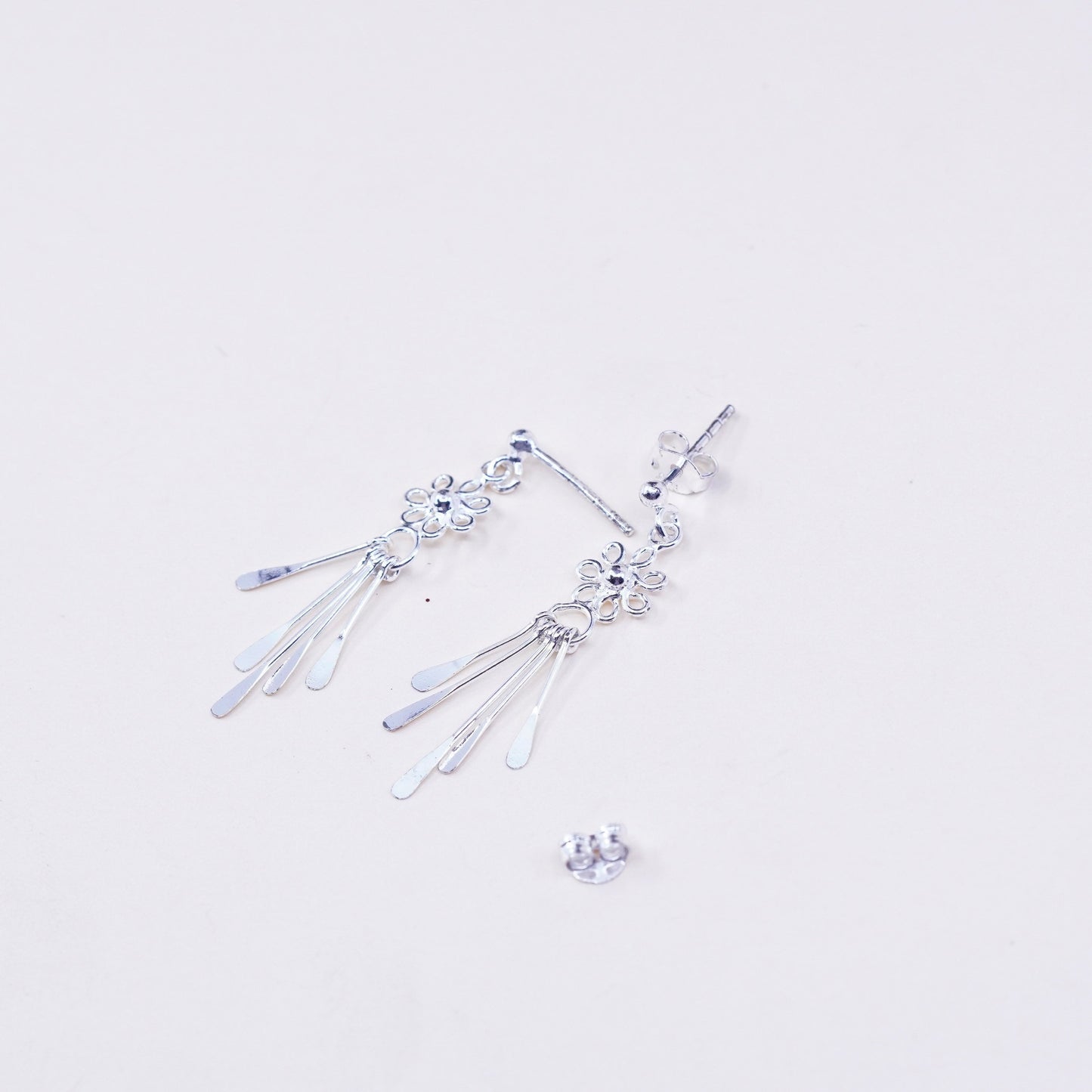 Vintage Sterling silver handmade earrings, 925 filigree circle with fringe drop