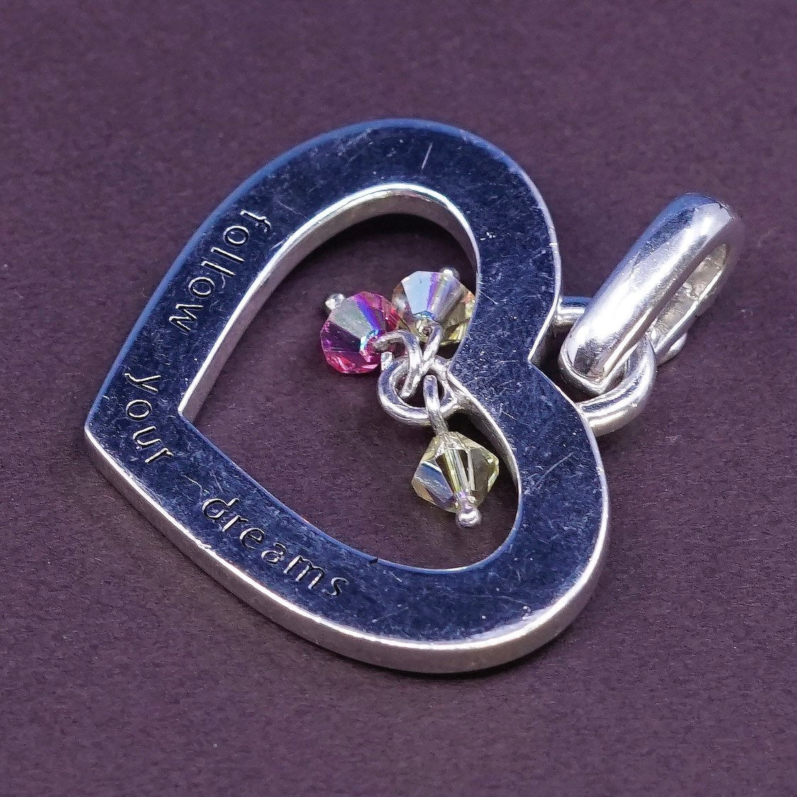 Sterling silver pendant 925 heart pendant w/ pink crystal "follow your dream"