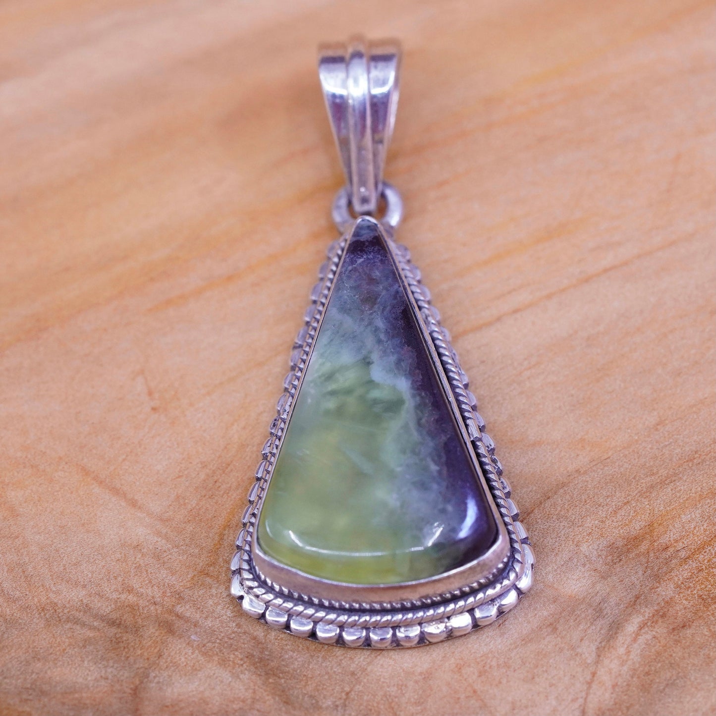 Vintage Sterling 925 silver handmade pendant with triangular jade and beads