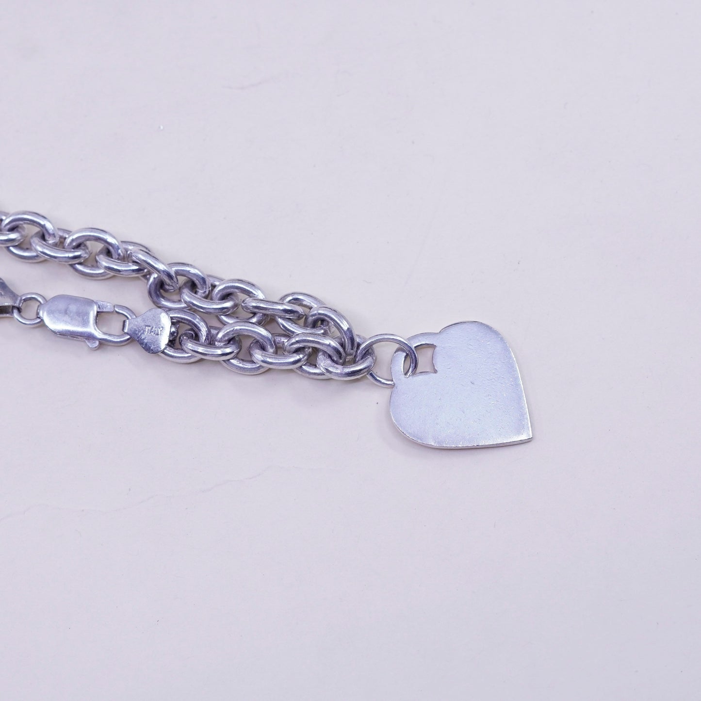 6.75”, Vintage sterling silver circle link bracelet, 925 chain with heart charm