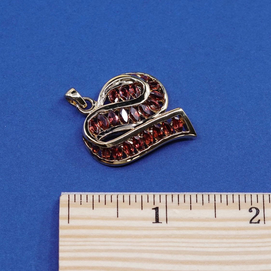 vtg gold over Sterling silver handmade pendant, 925 heart w/ ruby