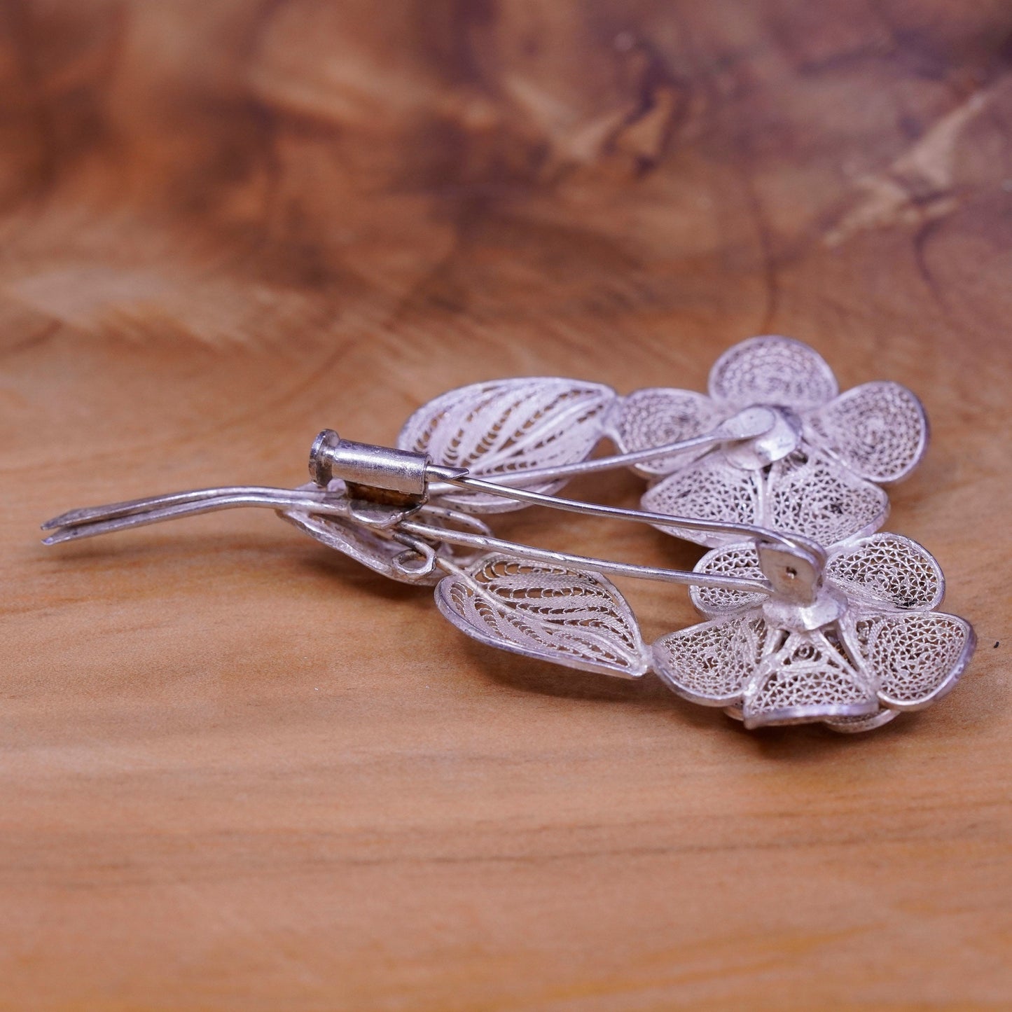 Vintage handmade sterling 925 silver filigree flower floral brooch