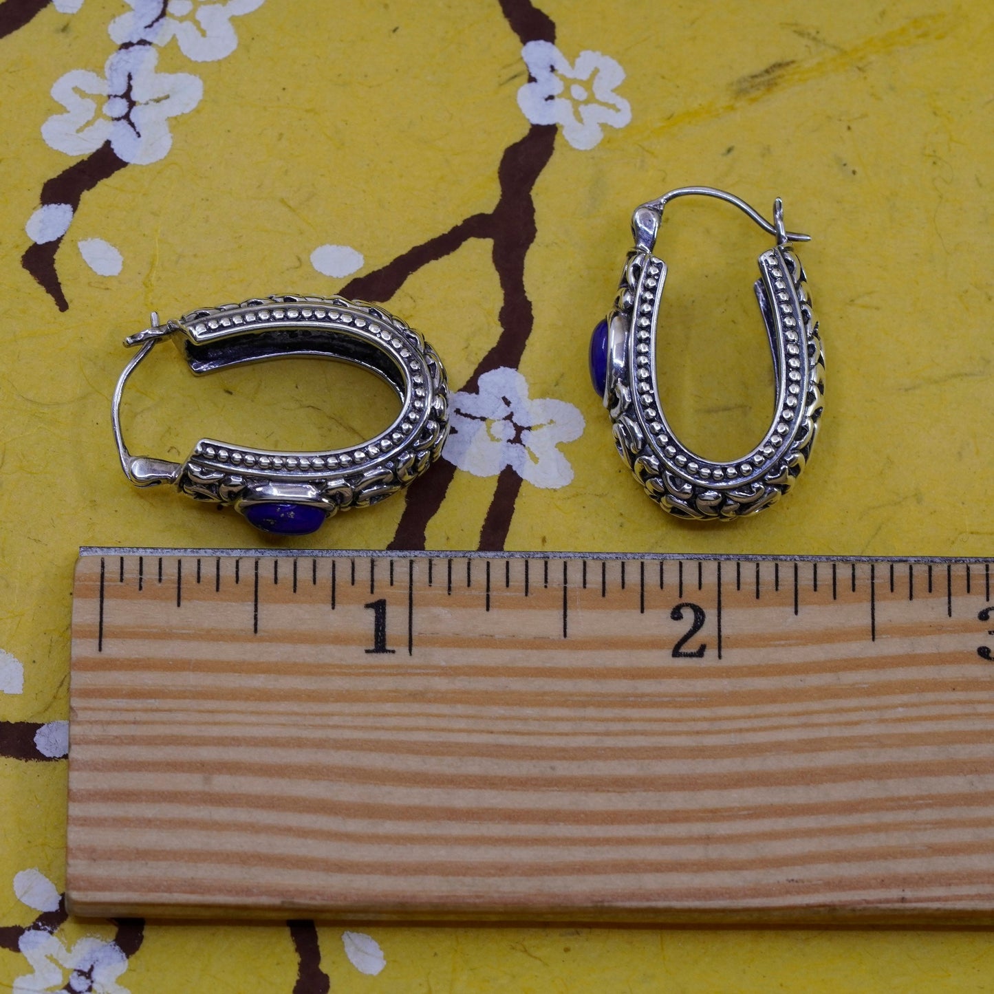 1”, Sterling silver handmade earrings, 925 huggie, filigree hoops lapis lazuli