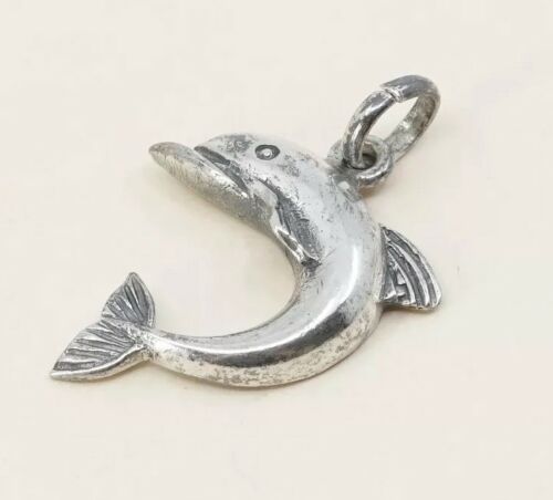 Vintage Sterling Silver Dolphin Pendant, Solid 925 Silver Fish Charm, Stamped