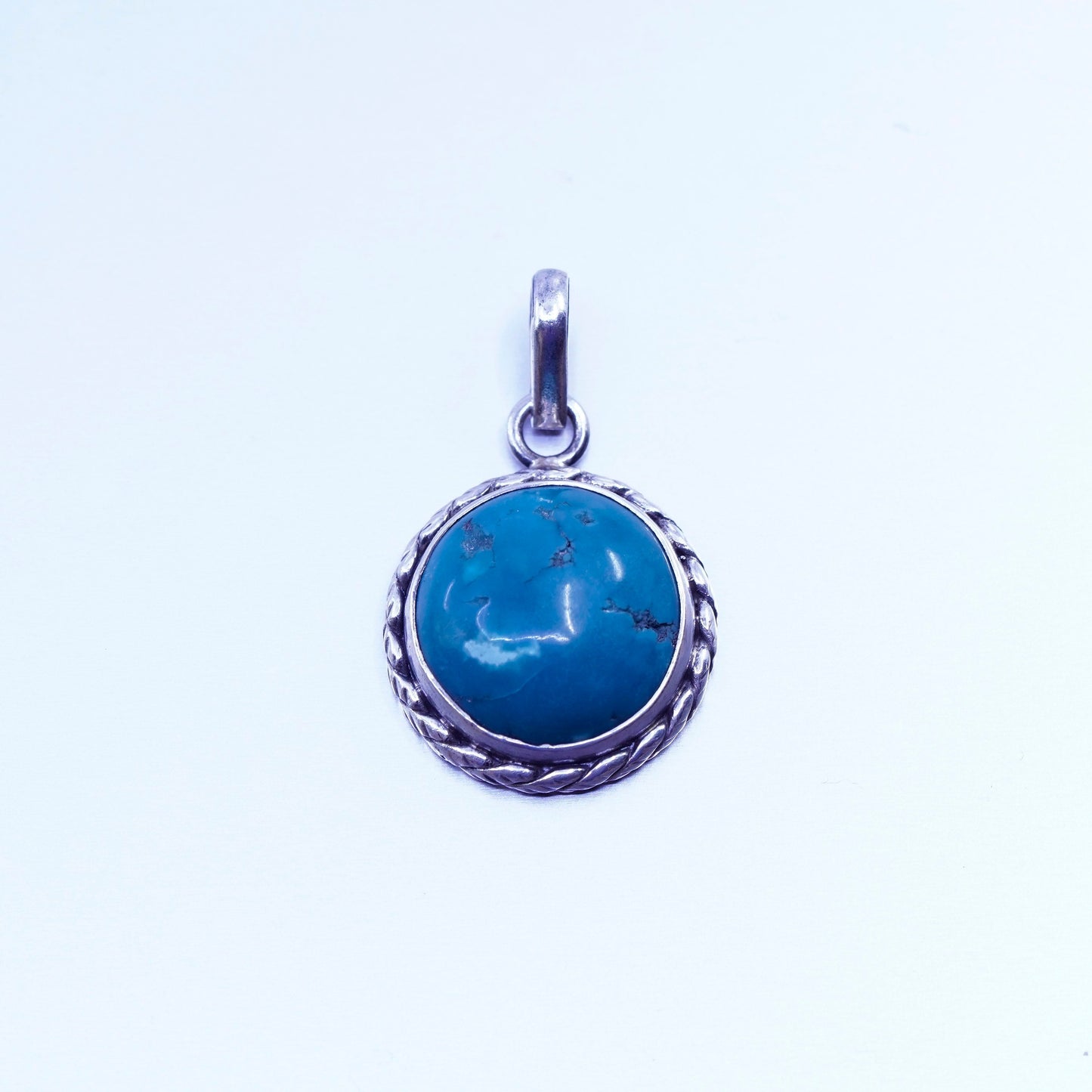 antique southwestern sterling 925 silver round pendant with turquoise and cable