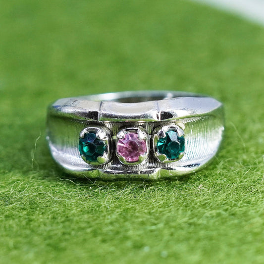 Size 7, Vintage Sterling silver 925 band ring with round pink green cz details