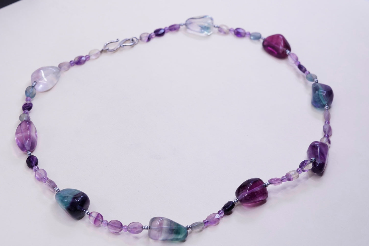 24”, Native American fluorite nugget and sterling 925 silver beads necklace