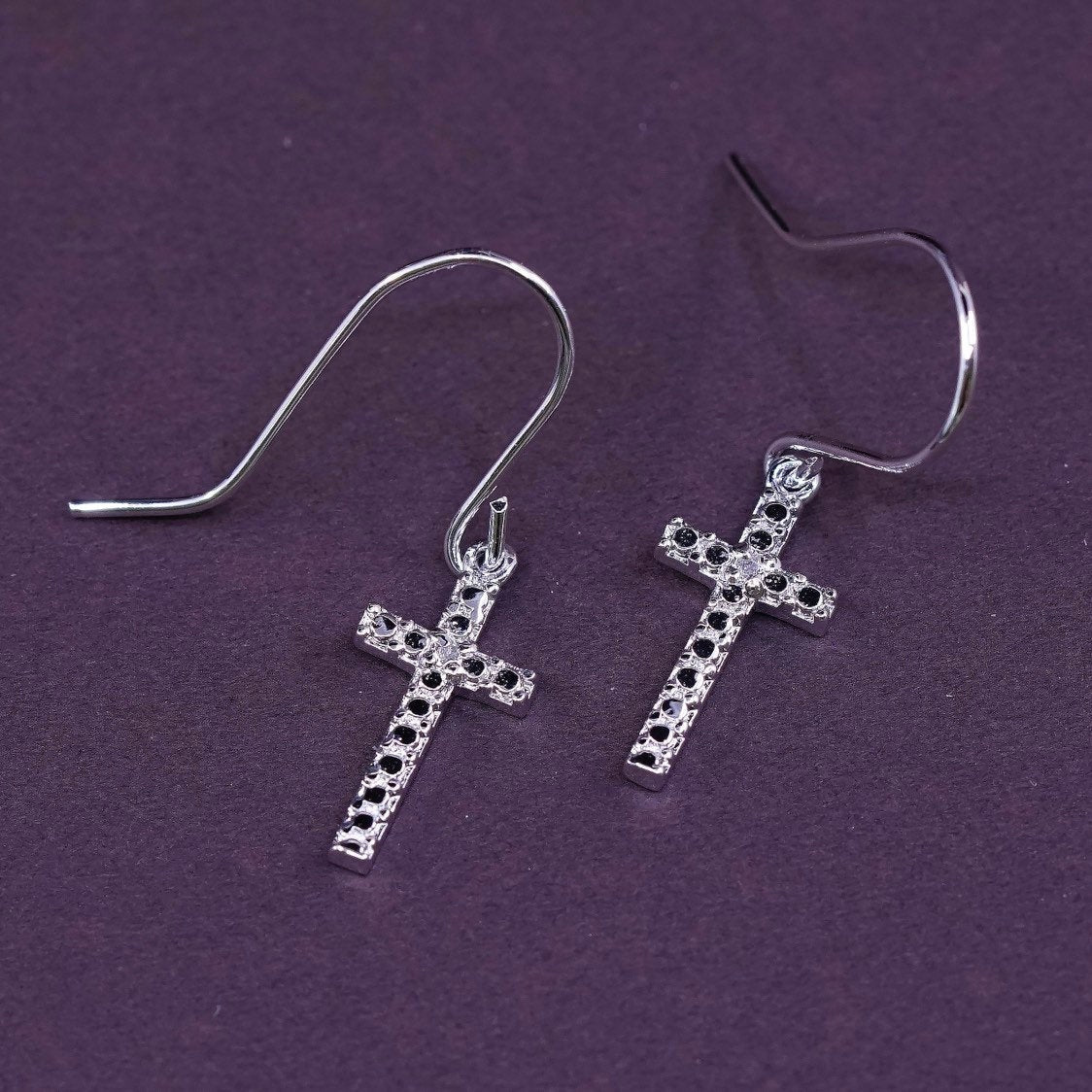 vtg Sterling silver handmade earrings, 925 cross dangle w/ diamond