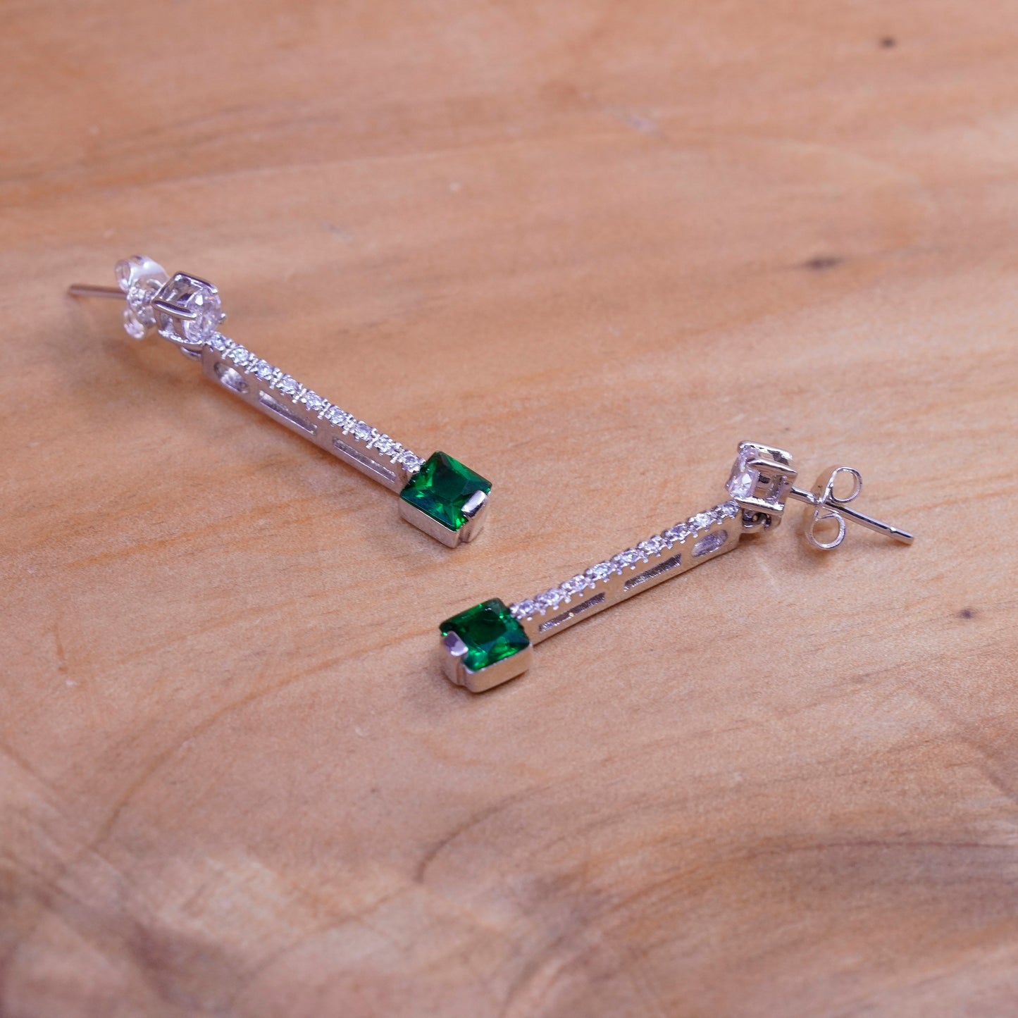 Vintage Sterling silver handmade earrings, 925 long drops with green clear CZ