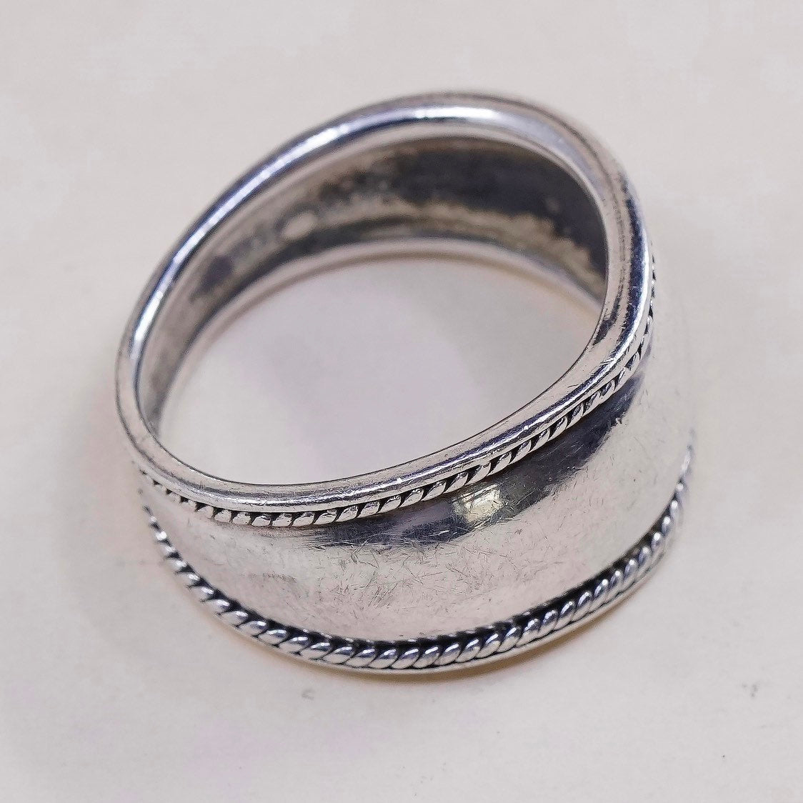 sz 10, vtg sterling silver handmade ring, 925 band w/ rope details,