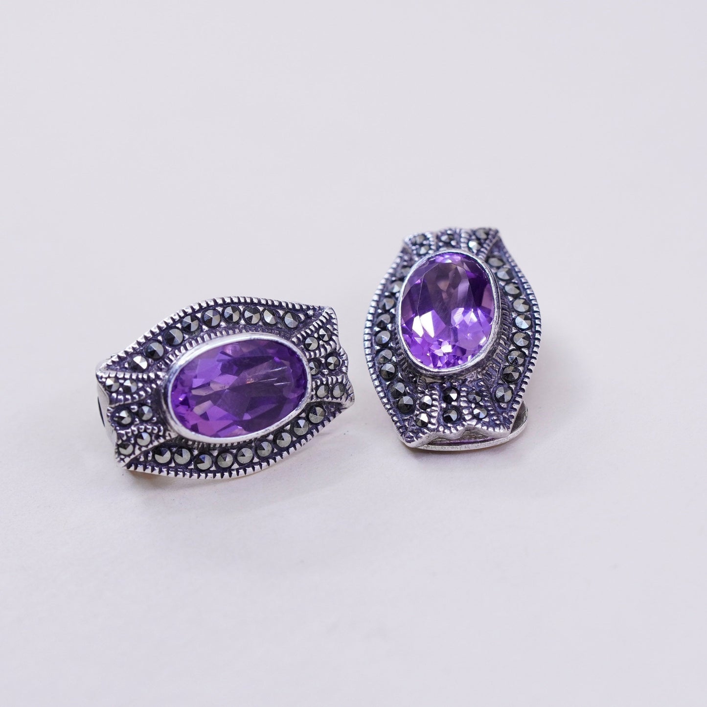 Vintage Sterling 925 silver handmade clip on earrings w/ amethyst and Marcasite