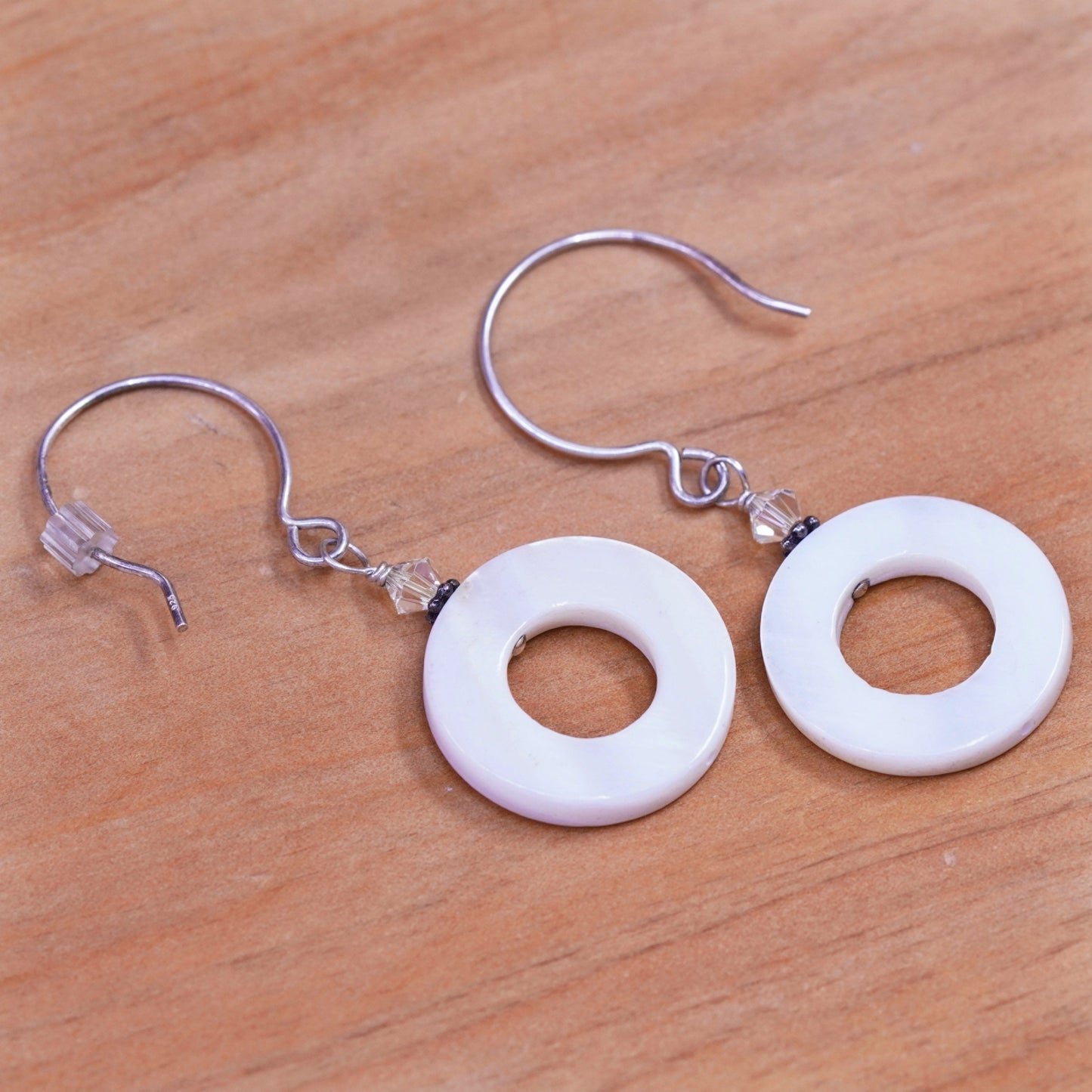 Vintage Sterling silver handmade earrings, 925 hooks w/ circle mother of pearl