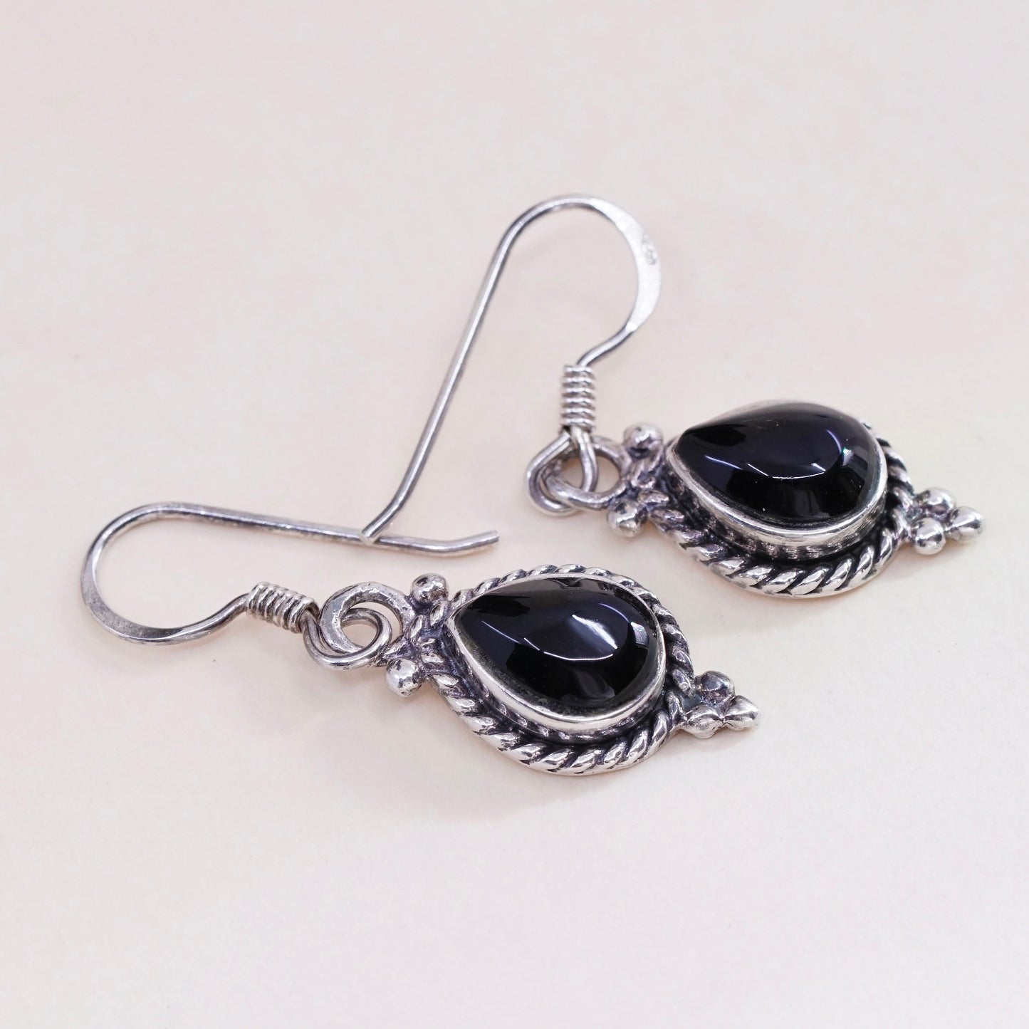 Vintage Sterling silver handmade earrings, 925 teardrop obsidian with cable