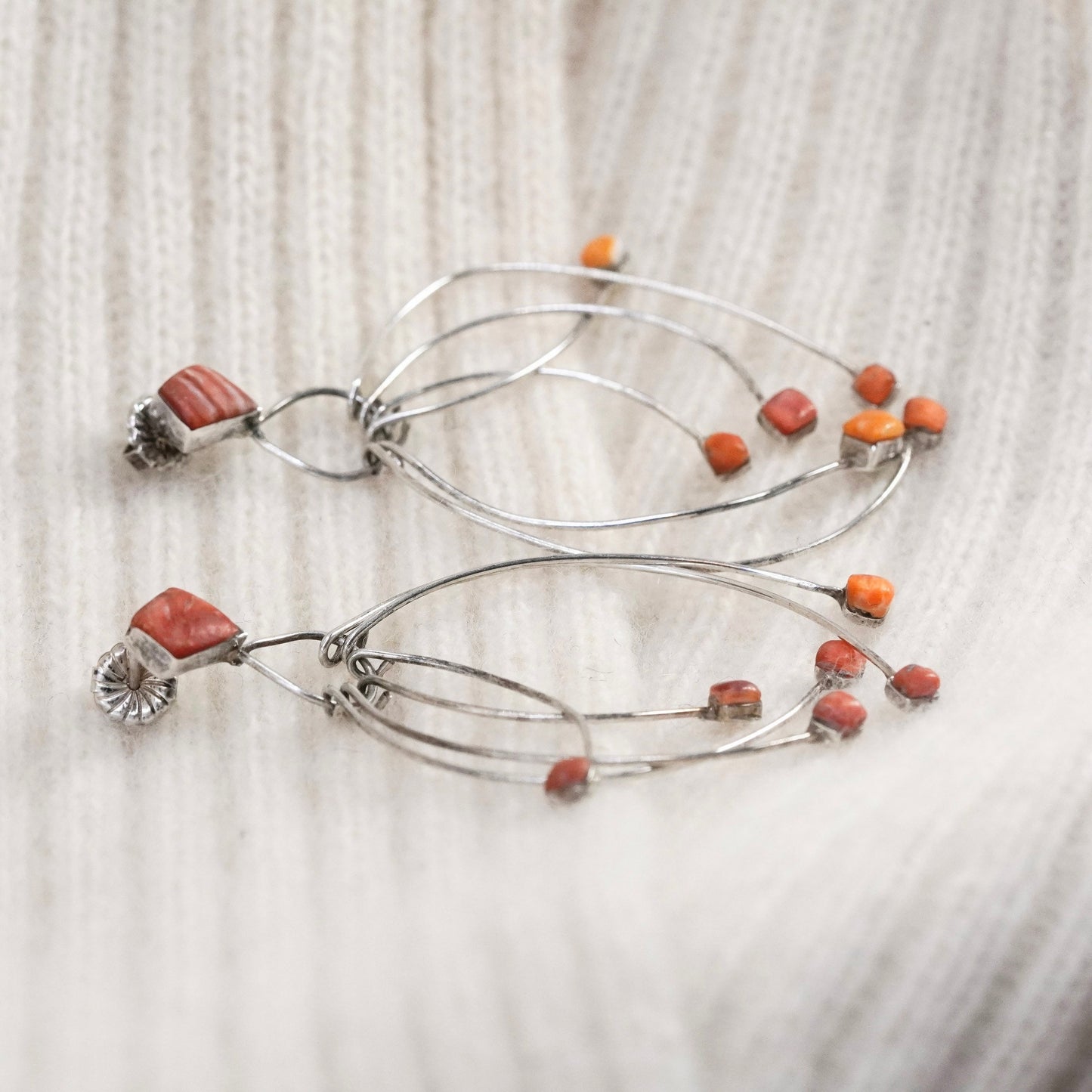 Native American sterling 925 silver earrings coral beads, handmade southwestern