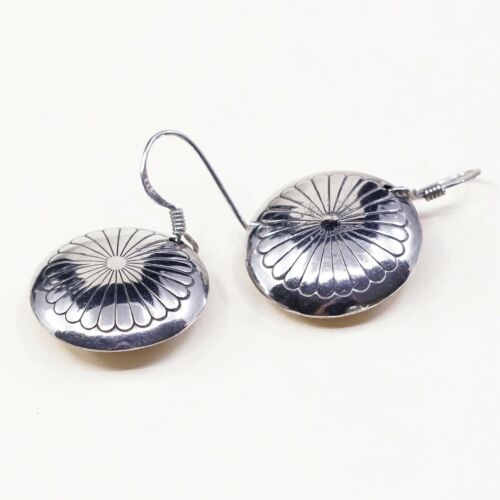 Vtg Sterling Silver Handmade Earrings, Native American 925 Puffy Circle Dangles