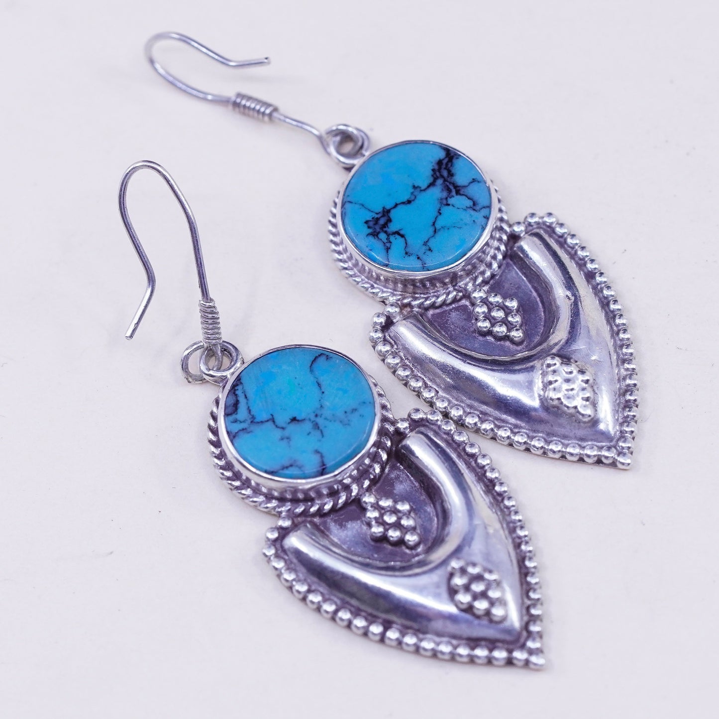 Vintage Sterling 925 silver handmade earrings, with round turquoise and beads