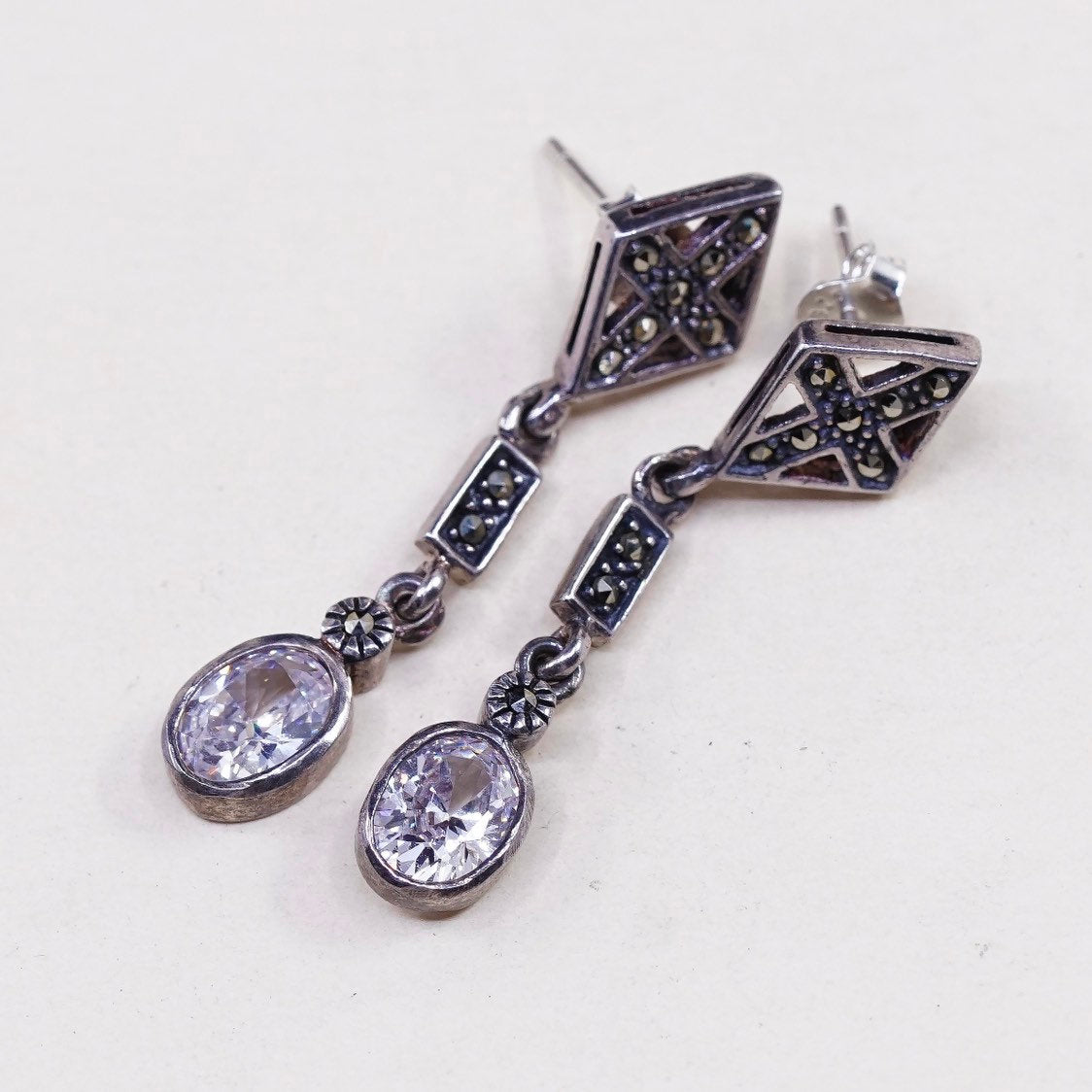 sterling 925 silver handmade earrings, square cz, teardrop crystal n marcasite