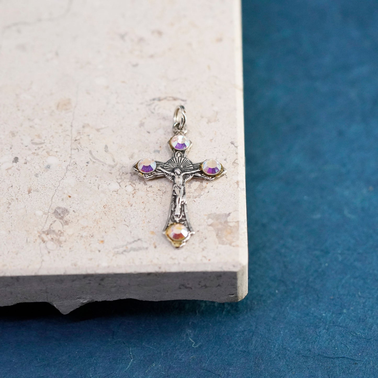 Vintage Sterling silver handmade pendant, 925 Jesus cross with cz